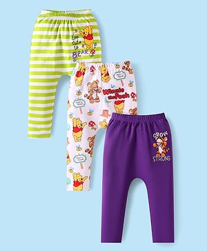 Babyhug Disney Interlock Knit Full Length Diaper Leggings With Winnie The Pooh Graphics Pack Of 3  - Purple White & Green