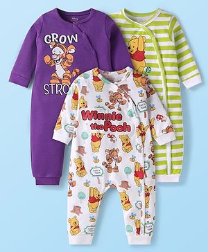 Babyhug Disney Interlock Knit Full Sleeves Rompers With Winnie The Pooh Graphics Pack of 3 - White Green & Violet