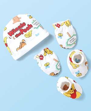 Babyhug Disney Interlock Knit Cap Mittens & Booties With Winnie The Pooh Graphics - White