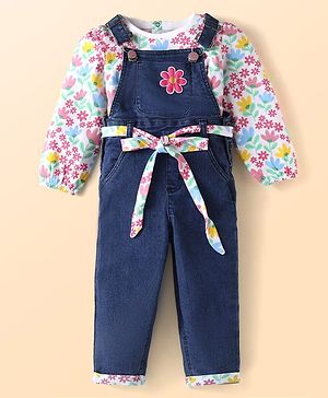 Babyhug Single Jersey Knit Dungaree & Full Sleeves Top With Floral Print - Navy Blue