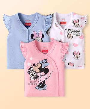 Babyhug Disney Interlock Knit Frill Sleeves Jhablas with Minnie Mouse Graphics Pack of 3 - Pink White & Light Blue