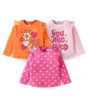 Babyhug Cotton Knit Full Sleeves T-Shirts With Heart & Floral Print Pack of 3 - Orange Dark Pink & Light Pink