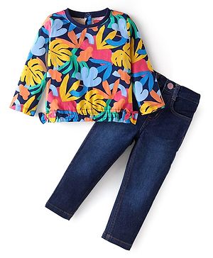Babyhug Single Jersey Knit Full Sleeves Top & Denim Jeans Set With Tropical Theme Print - Navy Blue
