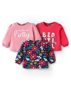 Babyhug Cotton Knit Full Sleeves T-Shirts with Text & Floral Print Pack of 3 - Red Pink & Navy Blue