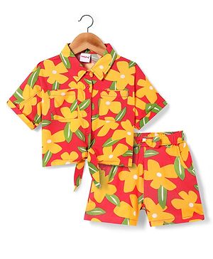 Babyhug Rayon Woven Half Sleeves Floral Printed Knotted Collared Top & Shorts Set - Orange