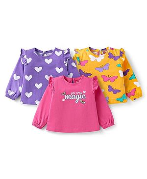 Babyhug Cotton Knit Full Sleeves T-Shirts With Heart & Butterfly Print Pack Of 3 - Pink & Purple