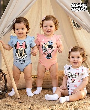 Babyhug Disney Interlock Knit Half Sleeves Onesies with Minnie Mouse Graphics & Frill Detailing Pack of 3 - Pink Blue & White