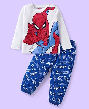 Babyhug Marvel Single Jersey Knit Full Sleeves Night Suit With Spider Man Graphic - Blue & White