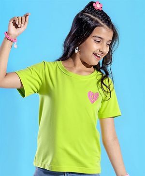 Pine Kids Cotton Knit Half Sleeves T-Shirt with Glitter Text Print - Limegreen