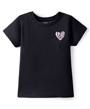 Pine Kids Cotton Knit Half Sleeves T-Shirt with Glitter Text Print - Black