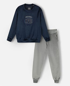 Nap Chief Full Sleeves Milano & Roman Numbers Embroidered Sweatshirt With Joggers Set - Navy Blue