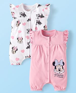 Babyhug Disney Interlock Knit Sleeveless Rompers With Minnie Mouse Graphics Pack of 2 - White & Pink