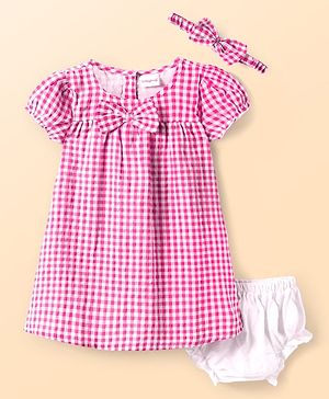 Babyhug Woven Puffed Sleeves Check Frock with Bloomer and Hair Band - Pink