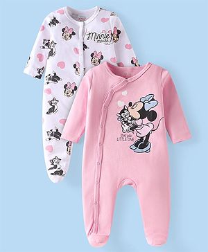 Babyhug Disney Interlock Knit Full Sleeves Sleep Suit with Minnie Mouse Graphics Pack of 2 - Pink & White