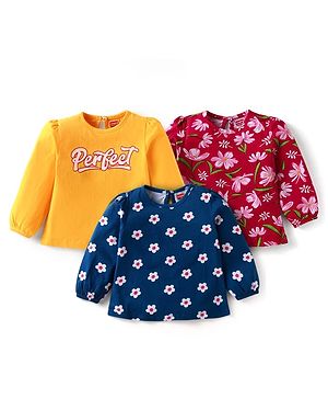 Babyhug Cotton Knit Full Sleeves T-Shirts With Floral & Text Print Pack of 3 - Navy Blue Yellow & Maroon
