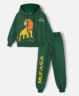 Nap Chief Pure Cotton Disney Featuring Full Sleeves Mufasa Printed Oversized Hoodie With Joggers Set - Green