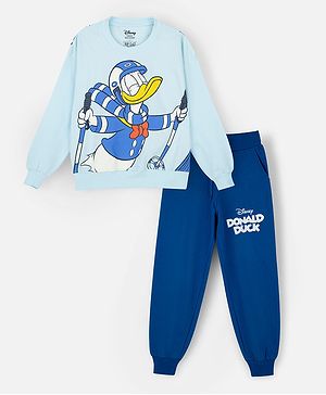 Nap Chief Pure Cotton Mickey & Friends Featuring Full Sleeves Donald Duck Character Printed Oversized Sweatshirt With Joggers Set - Blue