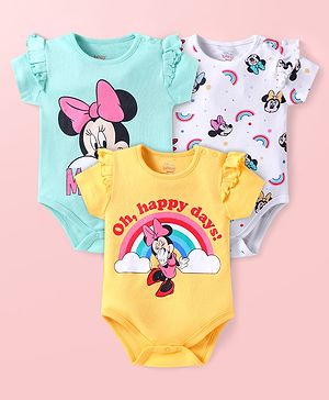 Babyhug Disney Interlock Knit Half Sleeves Minnie Mouse Printed Onesies  with Frill Detailing Pack of 3 - Yellow White & Aqua Blue