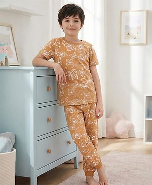 Pine Kids Single Jersey Knit Half Sleeves Night Suit with Floral Print - Brown