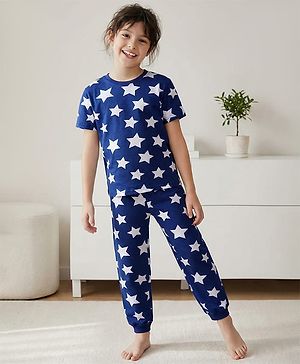Pine Kids Single Jersey Knit Half Sleeves Night Suit with Stars Print - Blue