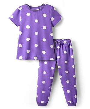 Pine Kids Single Jersey Knit Half Sleeves Co-ords Night Suit with Polka Dots Print - Purple