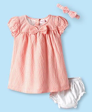 Babyhug Woven Puffed Sleeves Checks  Frock with Bloomer and Hair Band - Peach
