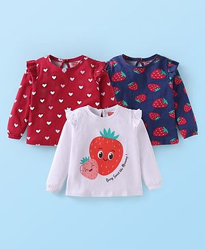 Babyhug Cotton Knit Full Sleeves T-Shirts With Fruit & Heart Print Pack of 3 - Navy Blue White & Red