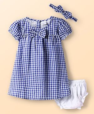 Babyhug Woven Puffed Sleeves Check Frock with Bloomer and Hair Band - Navy Blue