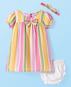 Babyhug Viscose Woven Half Puffed Sleeves Striped Frock with Bloomer Headband & Bow Applique - Pink