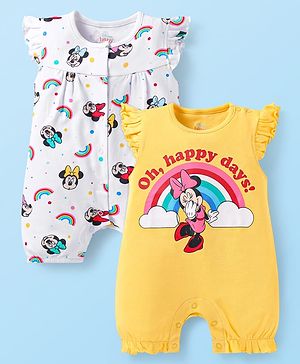 Babyhug Disney Interlock Knit Frill Sleeves Front Open Rompers with Minnie Mouse Graphics Pack of 2 - White & Yellow