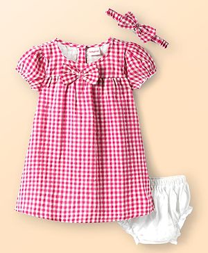 Babyhug Woven Puffed Sleeves Check Frock with Bloomer and Hair Band - Red