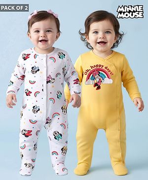 Babyhug Disney Interlock Knit Full Sleeves Sleep Suit with Minnie Mouse Graphics Pack of 2 - Yellow & White