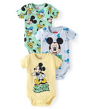 Babyhug Disney Interlock Knit Half Sleeves Onesies With Mickey Mouse Graphics Pack of 3 - Yellow Grey & Green