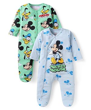 Babyhug Disney Interlock Knit Full Sleeves Footed Sleep Suits With Mickey Mouse Graphics Pack Of 2 -  Blue & Green