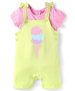 Babyhug Single Jersey Knit Half Sleeves Polka Dots & Ice Cream Printed T-Shirt & Dungaree Style Romper - Pink  & Yellow