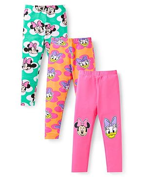 Babyhug Disney Lycra Knit Full Length Minnie Mouse Printed Leggings Pack of 3 - Pink Orange & Green