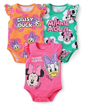 Babyhug Disney Interlock Knit Frill Sleeves Onsies with Minnie Mouse Graphics Pack of  3 - Orange Pink & Light Green