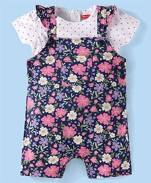 Babyhug Single Jersey Knit Half Sleeves Polka Dots & Floral Printed Top & Dungaree Style Romper with Frill Detailing - Navy & White