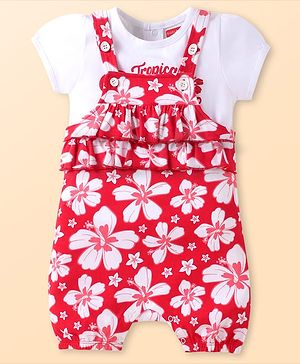 Babyhug Single Jersey Knit Floral Printed Dungaree & Half Sleeves Text Printed Top Set - White & Red