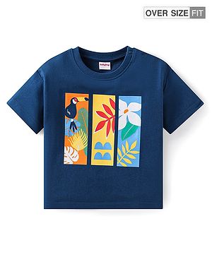 Babyhug Cotton Knit Half Sleeves Oversized T-Shirt with Bird & Floral Graphics - Navy Blue