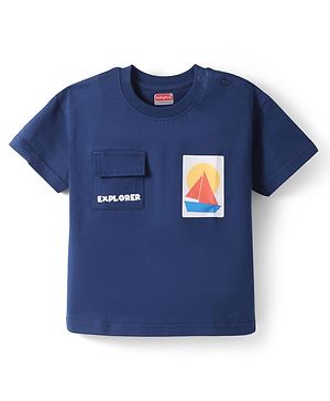 Babyhug Cotton Knit Half Sleeves T-Shirt With Boat Print & Pocket Detailing - Navy Blue