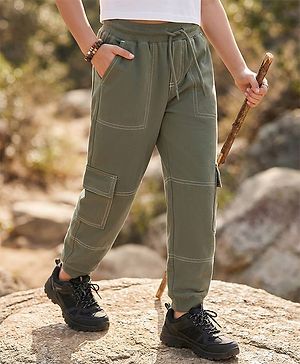 Pine Kids Knit Full Length Solid Lounge Pant with Pocket - Olive Green