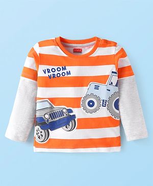 Babyhug Cotton Knit Full Doctor Sleeves T-Shirt with Stripes & Car Print - White