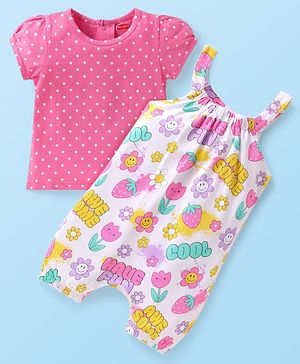 Babyhug Single Jersey Knit Dungaree & Half Sleeves T-Shirt With Floral & Polka Dot Print - White & Pink