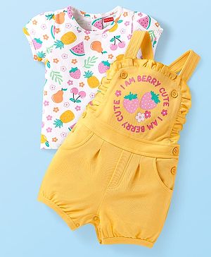 Babyhug Single Jersey Knit Half Sleeves Top & Dungaree with Tropical Theme Print - Yellow & White