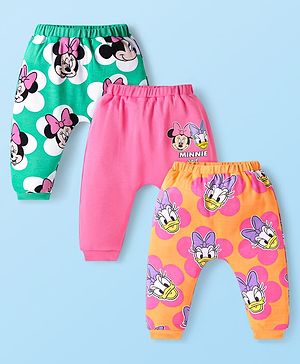 Babyhug Disney Interlock Knit Full Length Diaper Legging with Minnie Mouse Graphics Pack of 3 - Pink Green & Orange