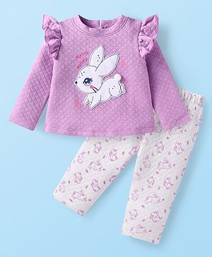 Babyhug Knit Full Sleeves Quilted Top & Lounge Pant Set With Bunny Print & Patch - Lilac & White