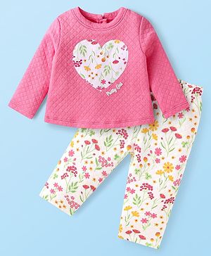 Babyhug Knit Full Sleeves Quilted Top & Lounge Pant Set With Floral Print & Heart Patch - Dark Pink & White