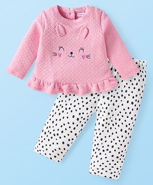 Babyhug Knit Full Sleeves Quilted Top & Lounge Pant Set With Cat & Polka Dot Print - Pink & White