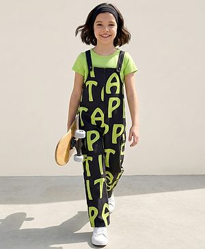 Pine Kids Cotton Knit Half Sleeves Solid T-Shirt & Dungaree with Alphabet Print - Black & Light Green
